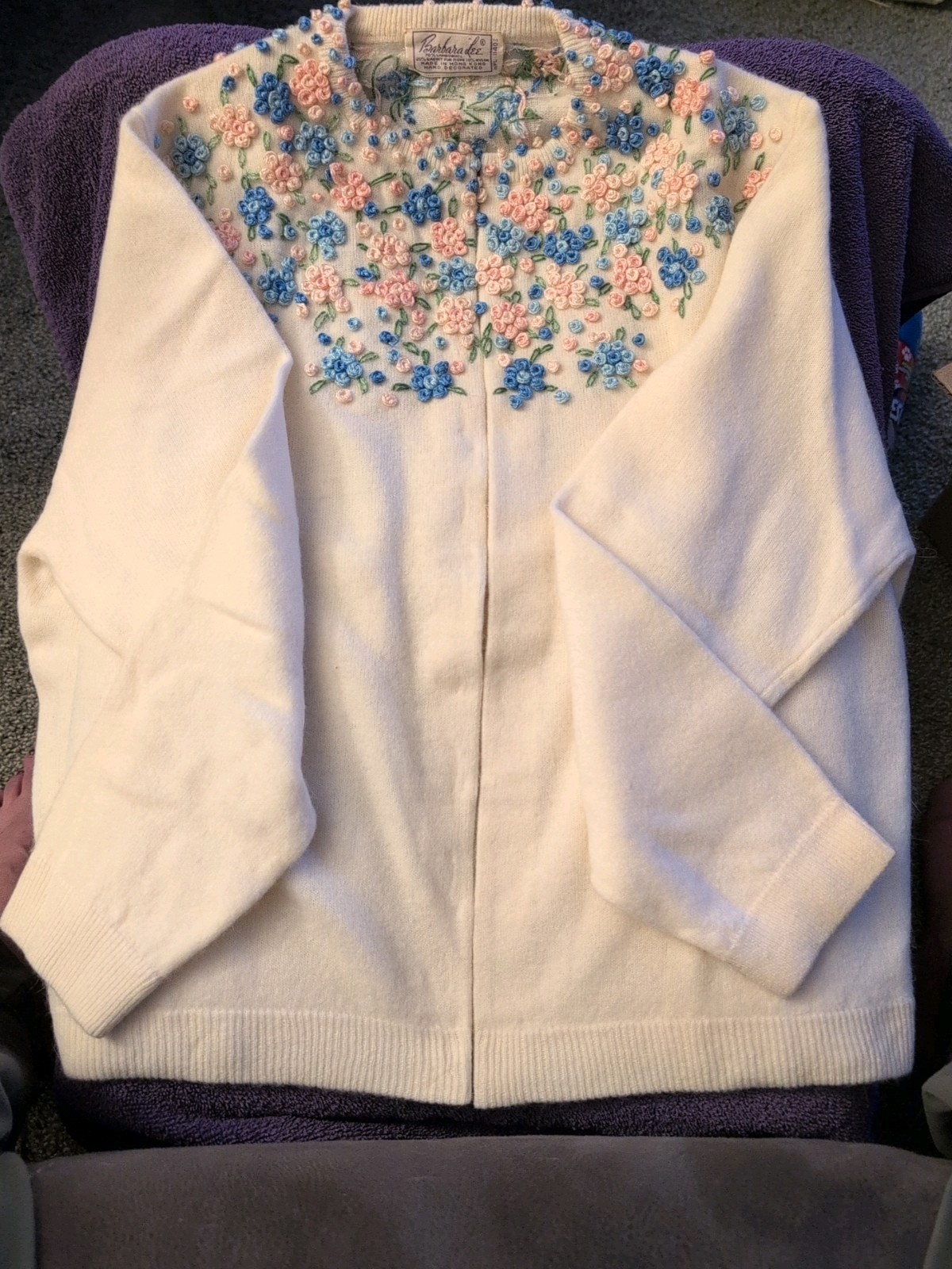 VTG 50’s Cardigan Sweater Barbara Lee Lambswool Hand Decorated HongKong STUNNING