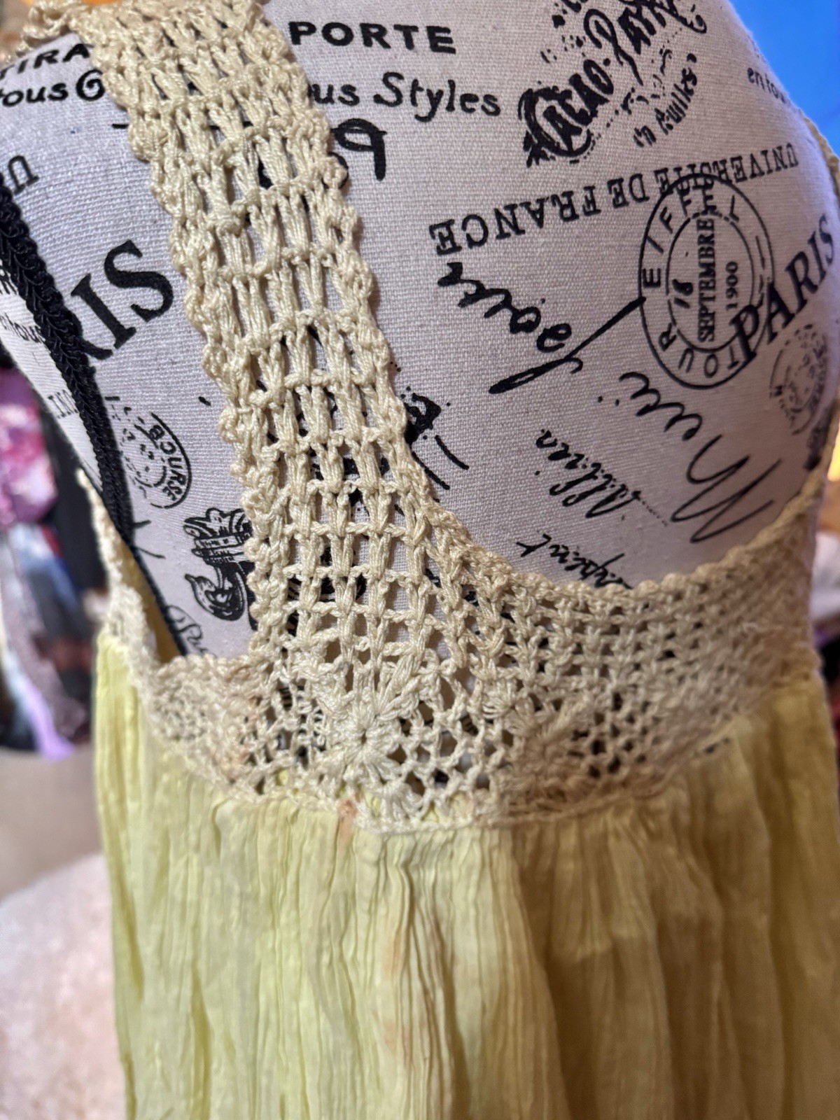 Vtg India Yellow Cotton Crochet Mesh Gauze Tent Maxi Dress Full Sweep Open Size