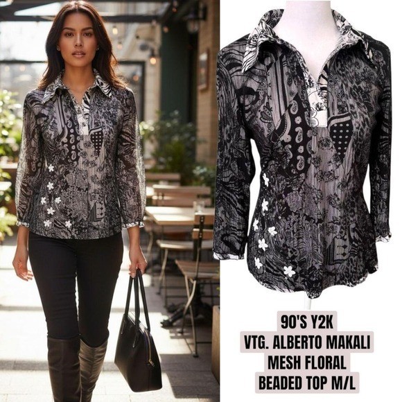 90s Y2K vintage black mesh floral beaded Alberto Makali top medium large