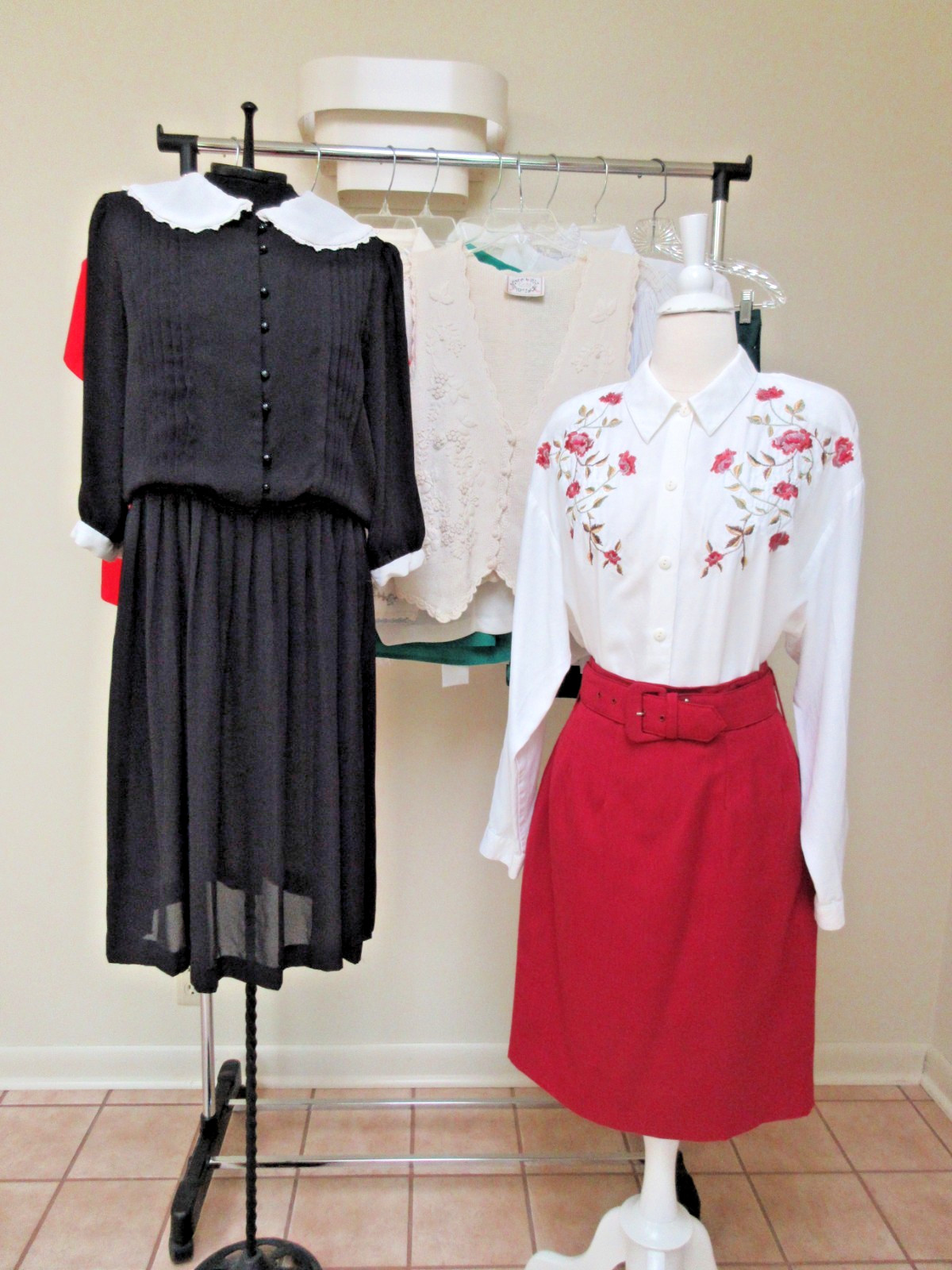 Vtg 12 Pc Lot 1980s Blouses Dress Skirts Sweaters High Collars Geek Secretary