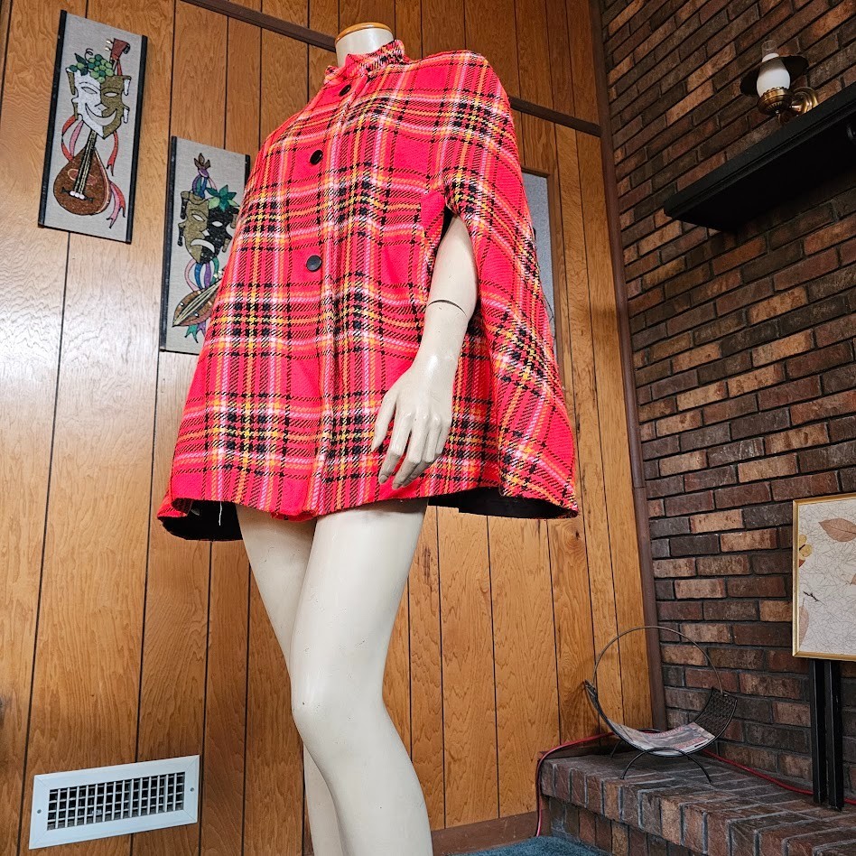 Vtg 1960s Mod Orange Red Plaid Youthquake Wool Poncho Mini Dress Cape Coat OS