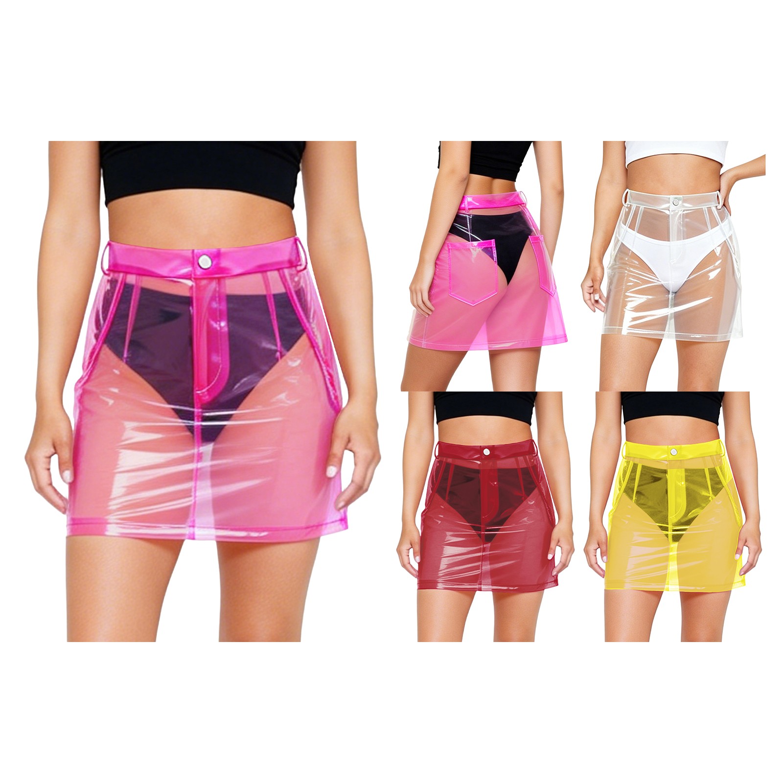 Women Transparent Plastic Pvc Skirt Front Zipper Streetwear Cover Up Skirt Club
