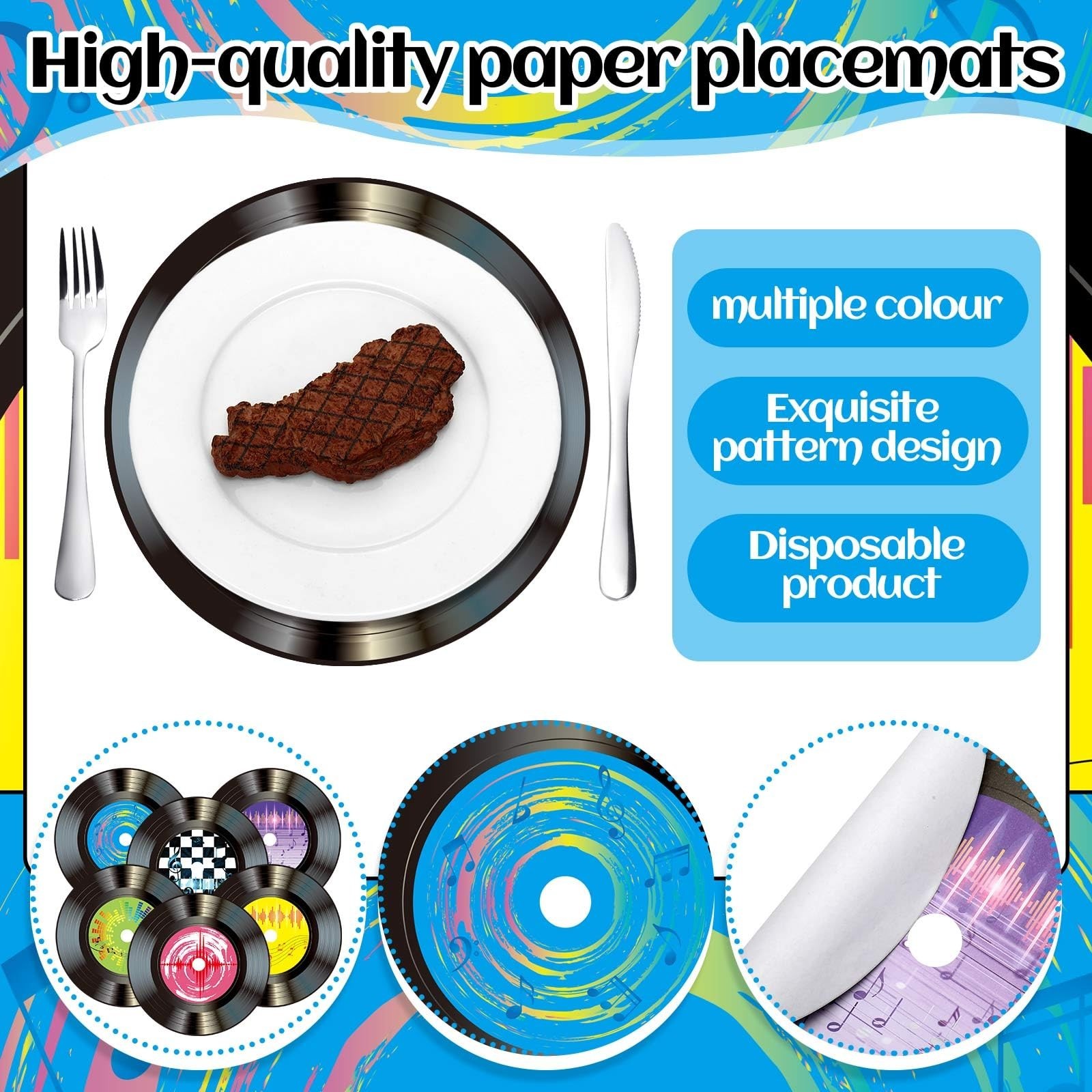 FillTouch 60 Pcs 13” 1950’s Rock and Roll Vinyl Record Placemat Vintage Musi…