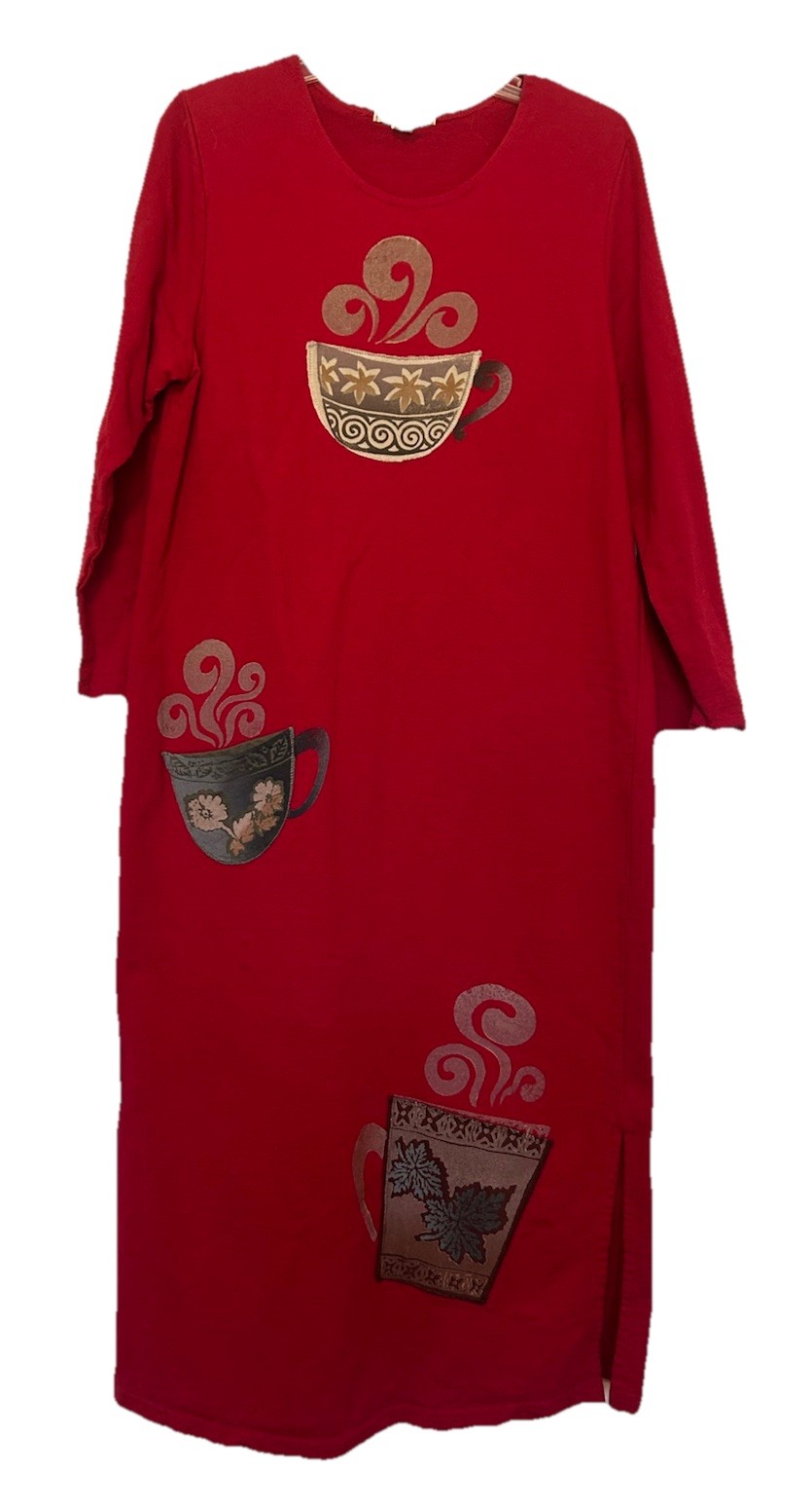 Vtg 1990s Mittu’s Red Sz Large Dress Coffee Cup Embroidered Cotton Maxi Sheath