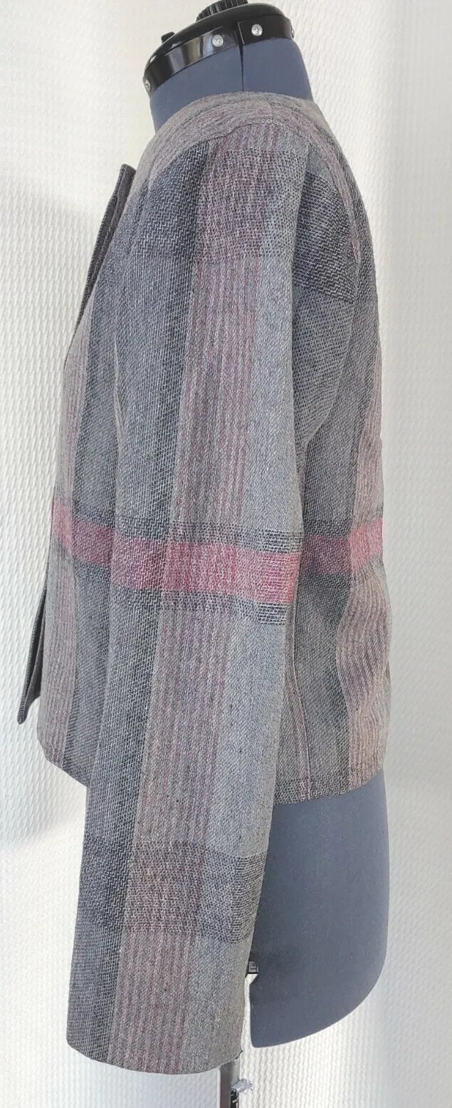 Vintage John Meyer Grey & Pink Plaid Collarless Wool Jacket Size 8