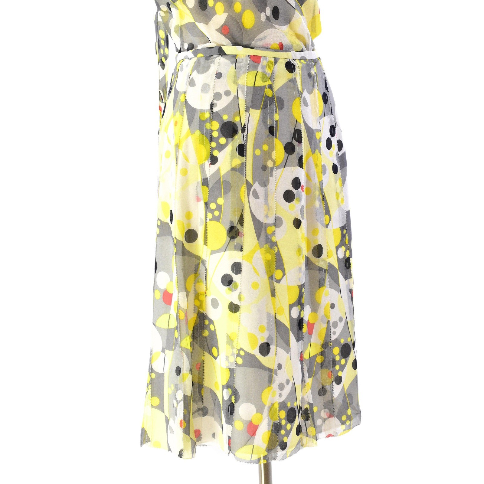 Y2k Silk Scarf Neck Top & Skirt Set Womens 4 S Blouson Sleeveless Yellow Gray