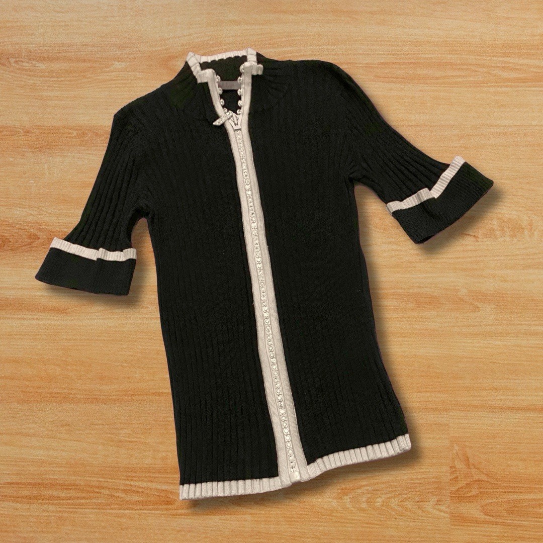 Belldini Sz M Vintage Bedazzled Rhinestone Zip Sweater Y2K 90s Black Blouse