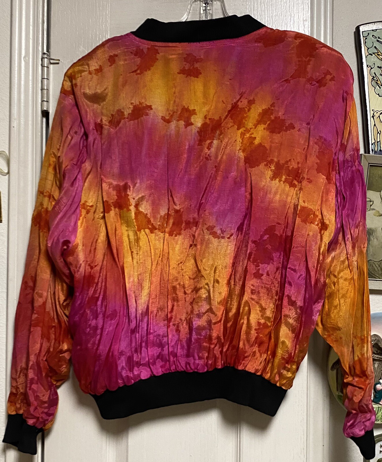 Vintage RIDE Rayon/Cotton Fuchsia Orange & Black Bomber Jacket W/Shoulder Pads