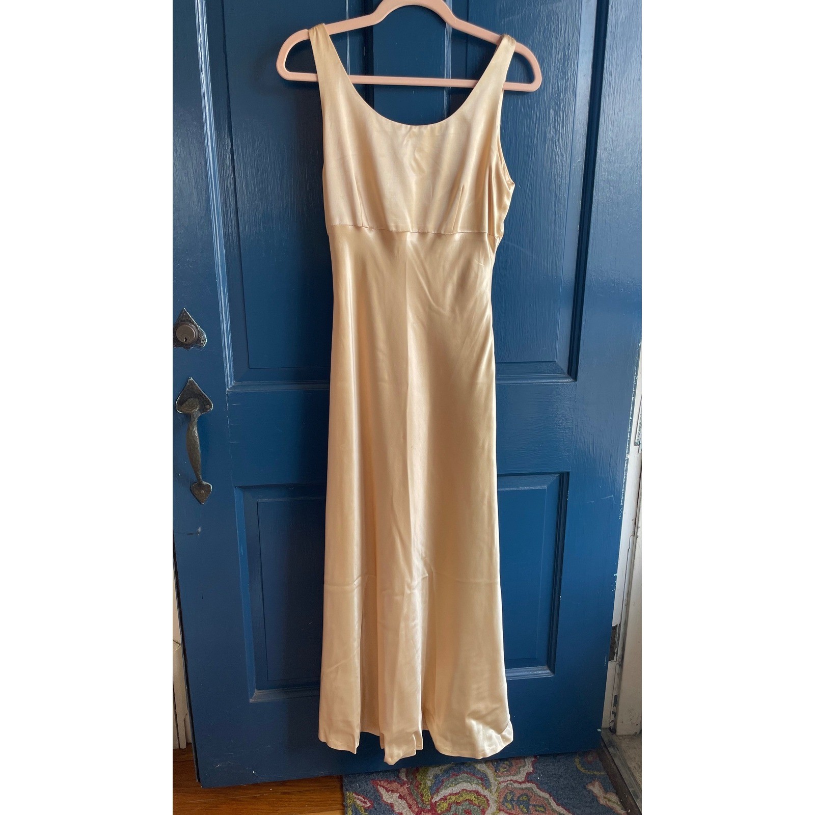 Vintage 90s Slip Maxi Dress Gown Champagne Satin Minimalist Bias Cut Some Flaws