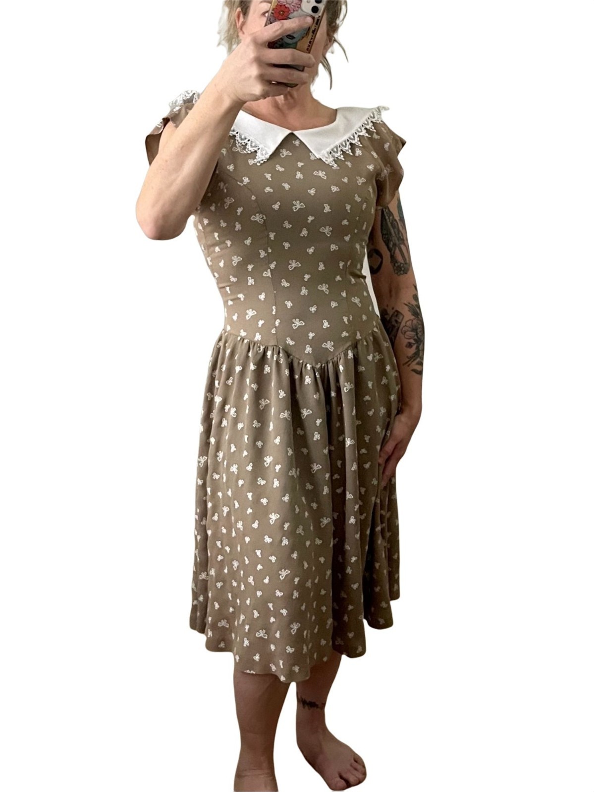 VTG 1980s Dawn Joy Brown Pleated Collared Coquette bow Pattern Dress Sz 7