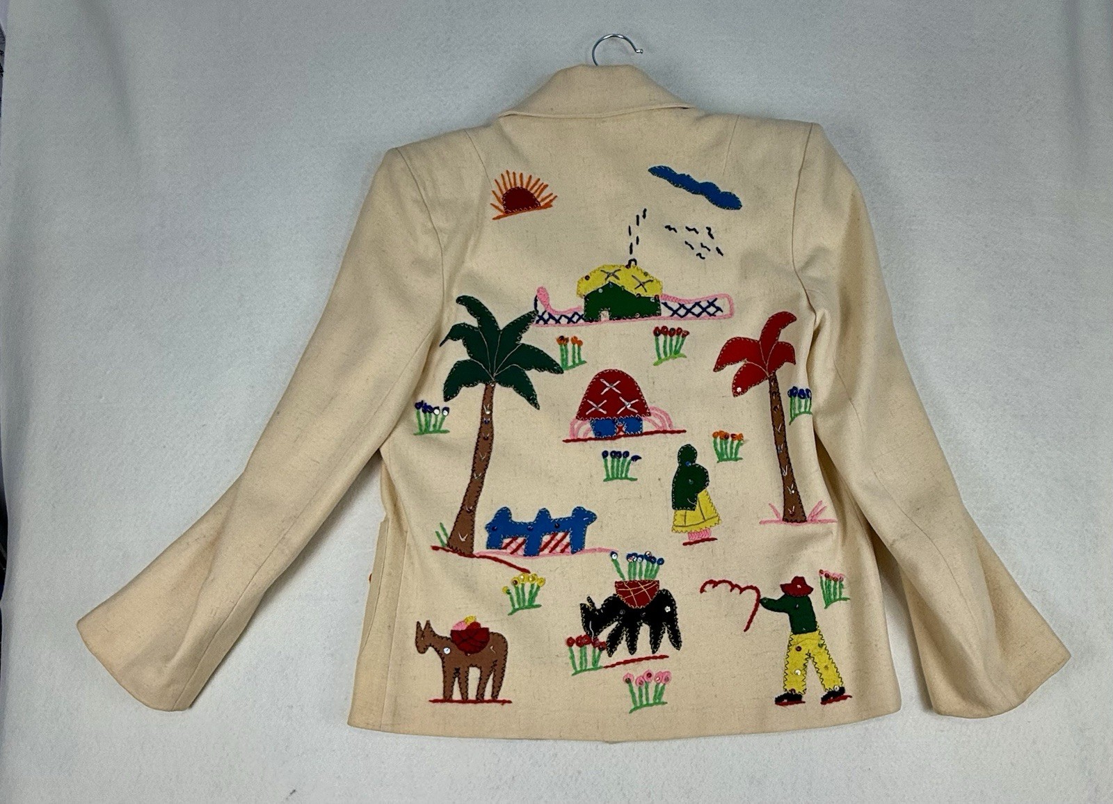 Vtg 1950s Beige Wool Mexican Souvenir Jacket W People Palms Cactus Village Life