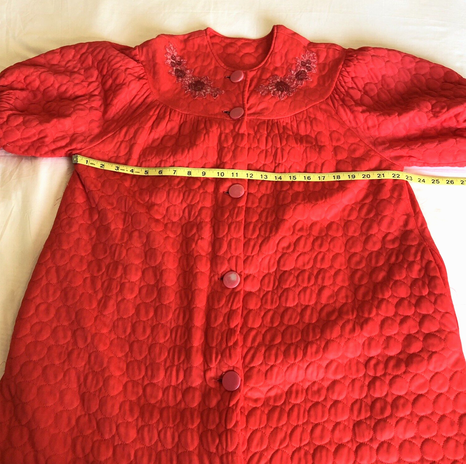 50’s 60’s Vintage Quilted House Dress Robe Red Pockets Applique No Label