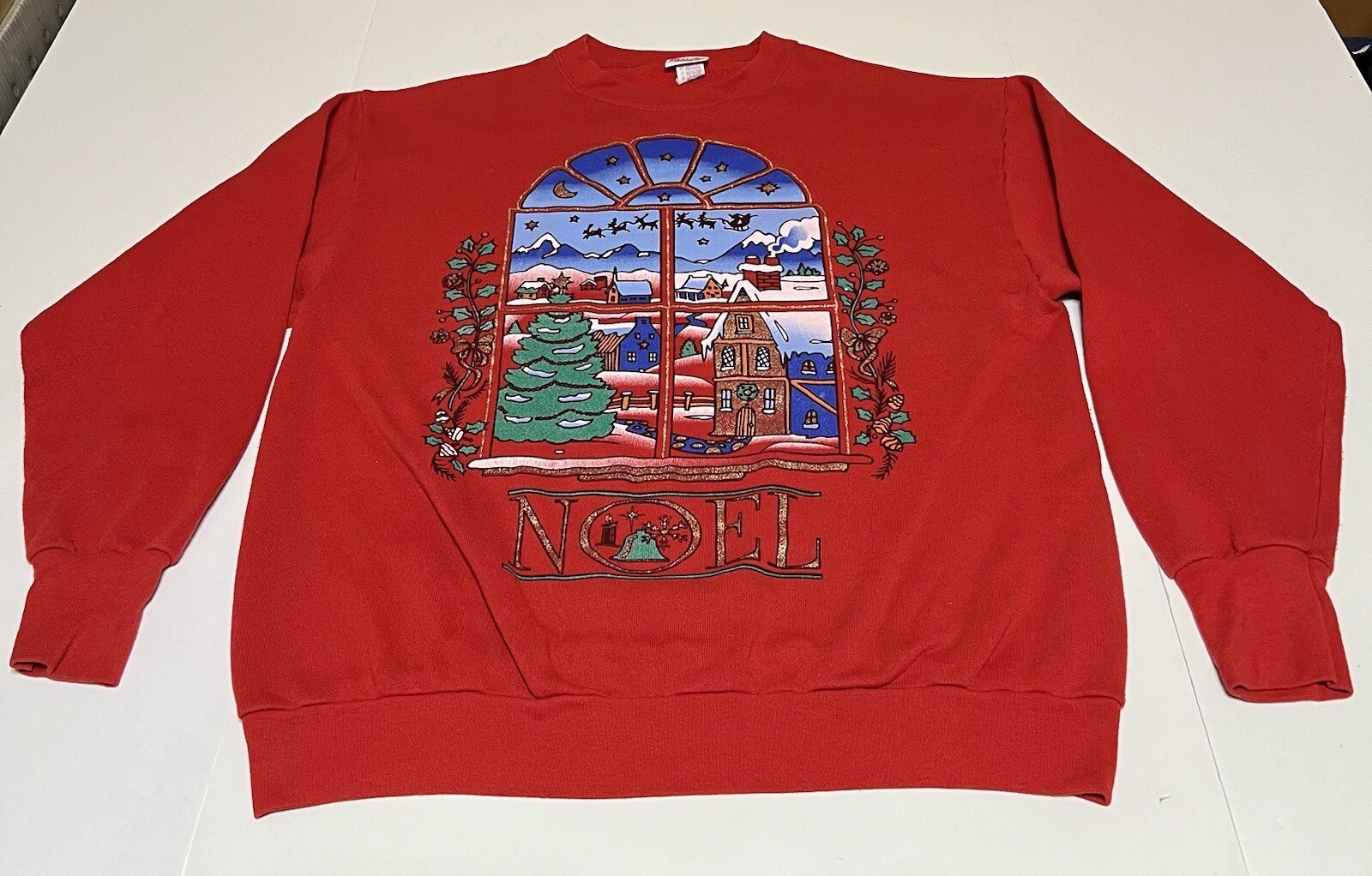 VTG Holiday Time Womens Sz Large Red Christmas Noel Sweatshirt Santa Scene