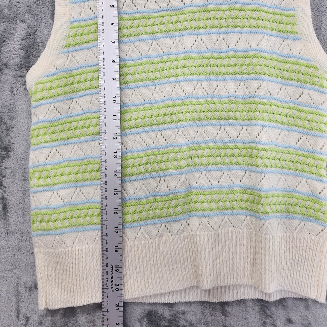 Vintage Sweater Womens XS Cream Green Blue Striped Pointelle Cardigan Twin Set