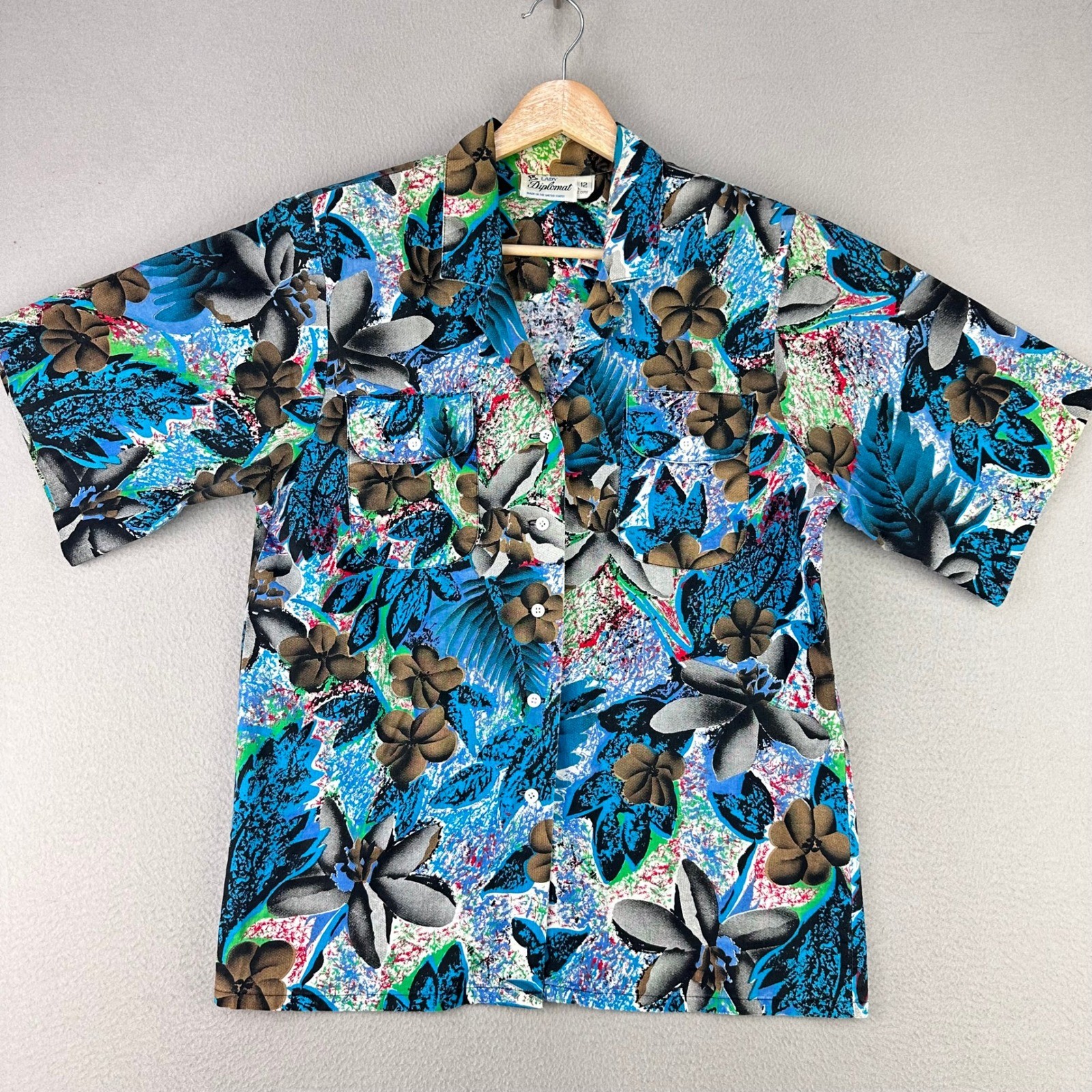 Vintage Floral Button Up Shirt Women 12 Blue Tropical Short Sleeve Lady Diplomat
