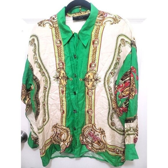 VTG Ted Lapidus Paris Scarf Print Blouse Women’s M Green Equestrian Preppy Shirt