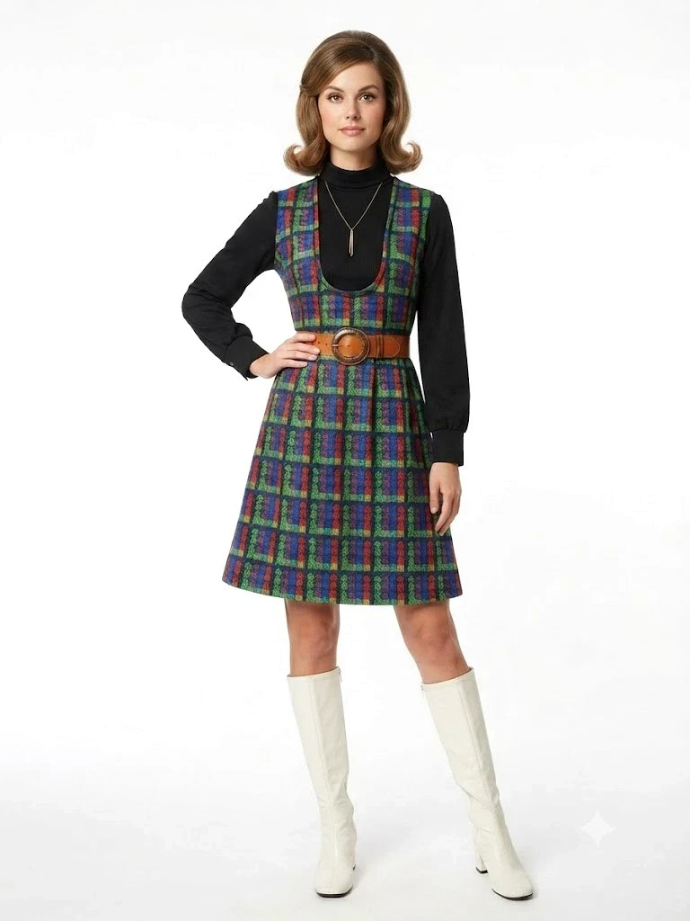 Vintage 70s Mod GoGo Geo Rainbow Print Pinafore Jumper Dress by It’s Better 16