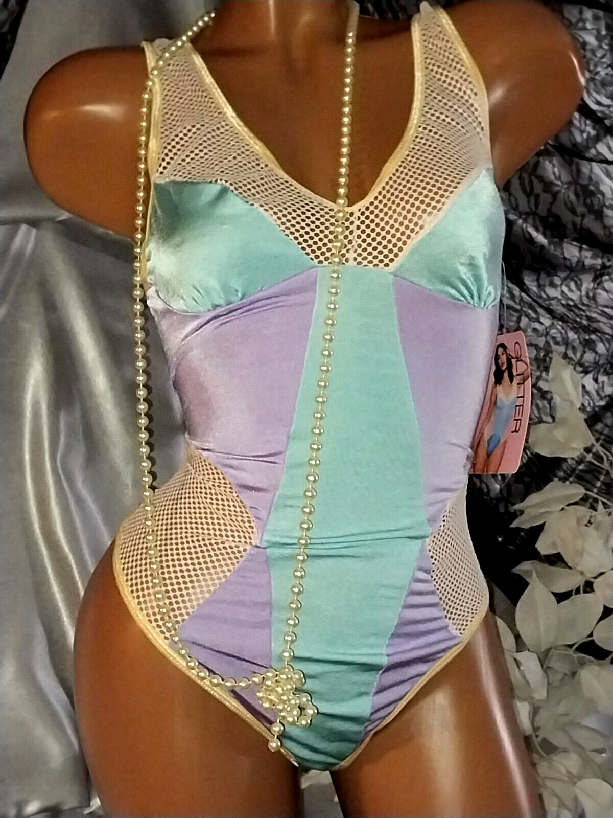 VTG SILKY Sheer Hollow Out Pastel Mesh Net NEW Bodysuit Romper Teddie Nighty