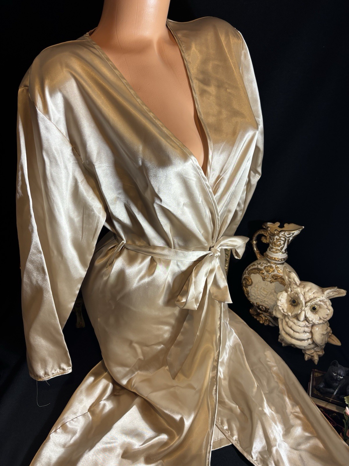 Vtg Soft Satin Nightie Long Dressing gown Soft Nightie Frilly Dress Robe Gold