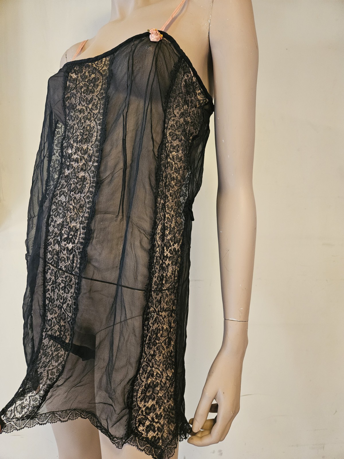 Rare Vintage 1920s Black Silk Chiffon & Lace Teddy with Pink Roses & Straps