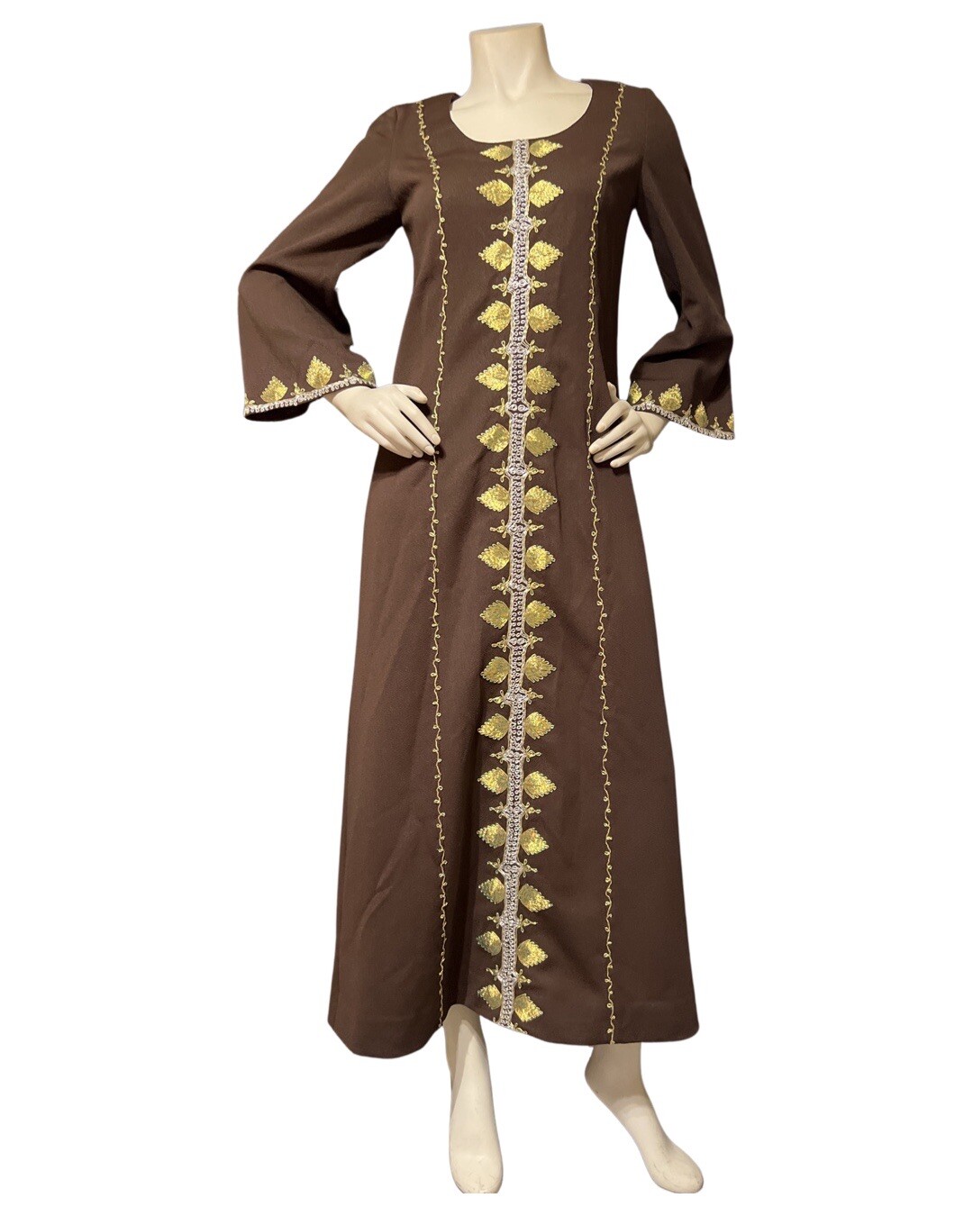 Vintage 1970s Moroccan Kaftan Brown + Gold Embroidered Vintage Caftan Tunic S/M