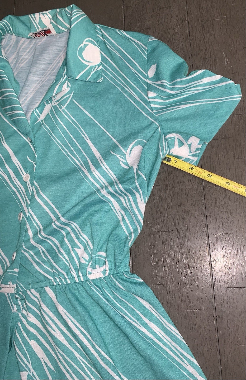 A7 VTG 80s R&K ORIGINALS TROPICAL FLORAL AQUA/WHITE SHIRT DRESS 7/8 ROCKABILLY