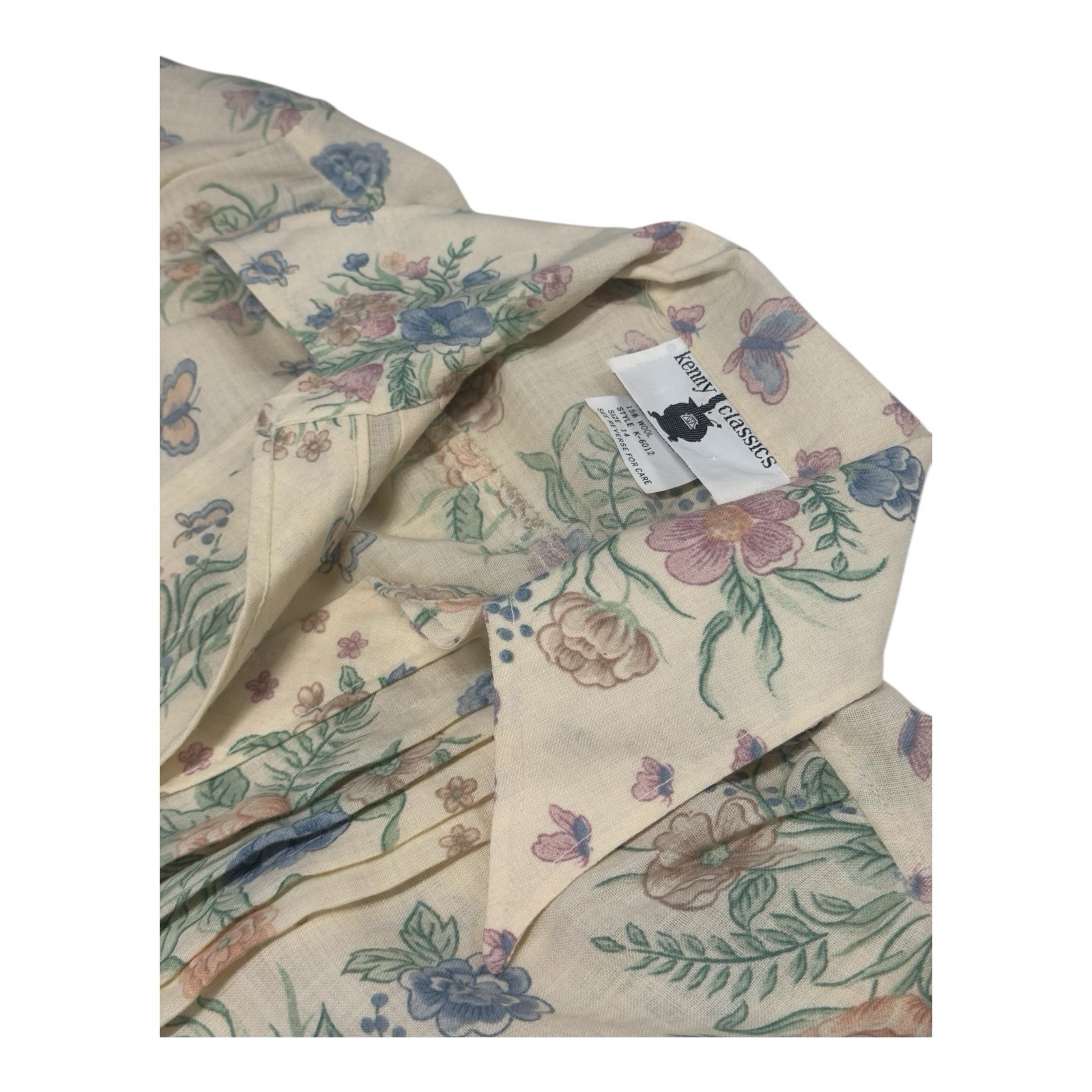 Vintage Kenny Classics 14 Poly Wool Blend Ivory Floral Butterflies AOP Dress