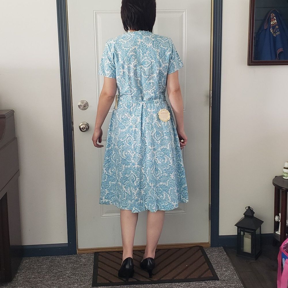 60s Deadstock Blue and White Rayon and Cotton Day Dress
