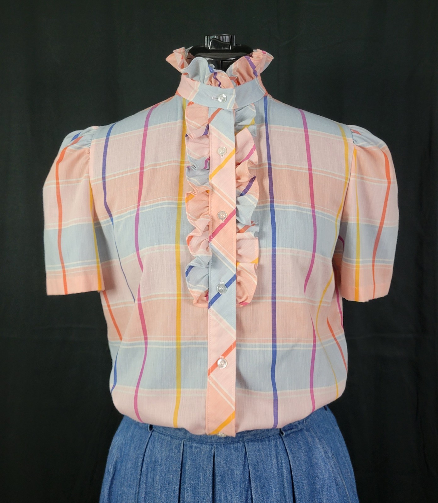 Vtg Lucky Winner Peach/Blue/Pink/Purple Plaid Top w Ruffled Collar Size 11/12