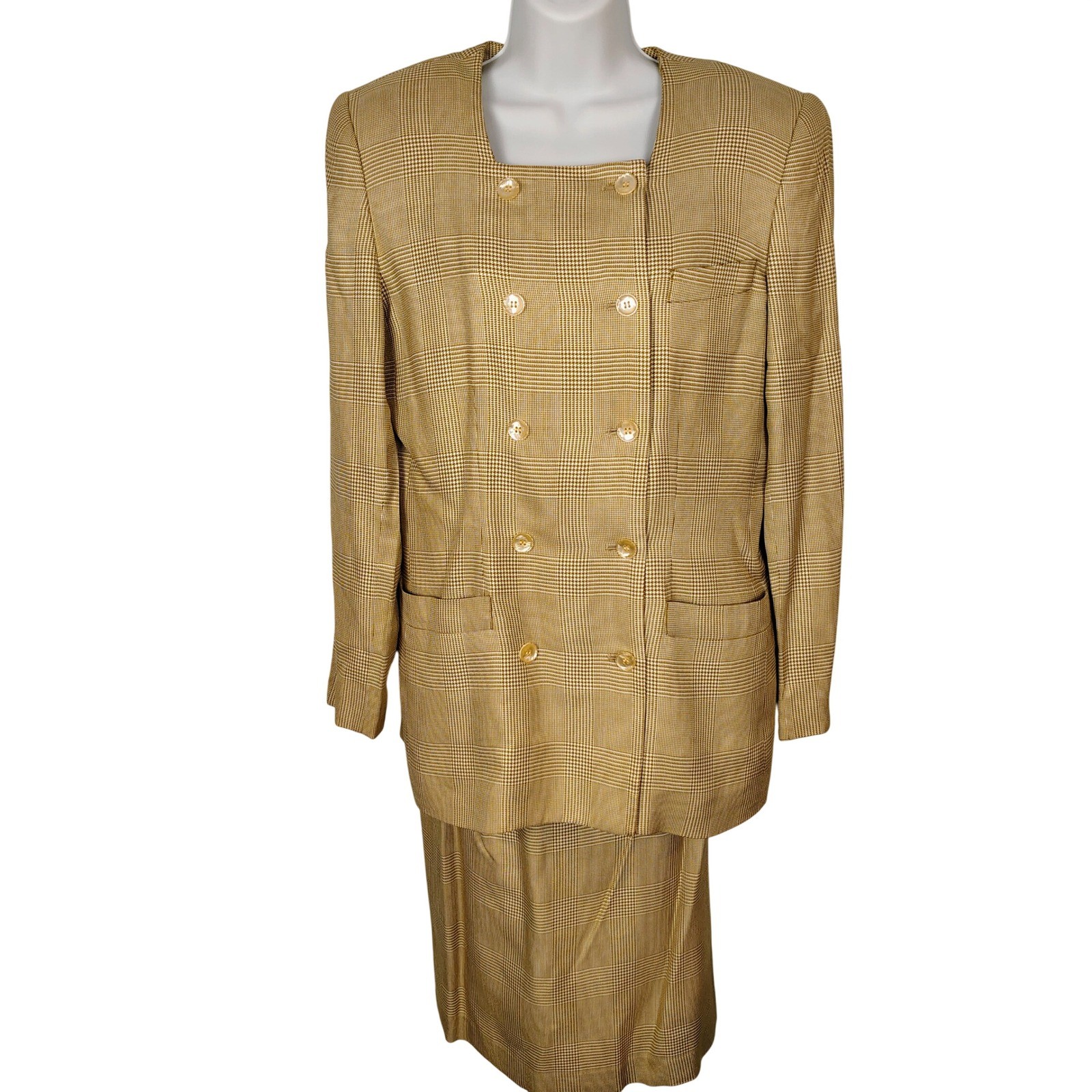 Stirling Cooper Vintage Glen Plaid Skirt Suit Set Tan Mustard Rayon Size 8
