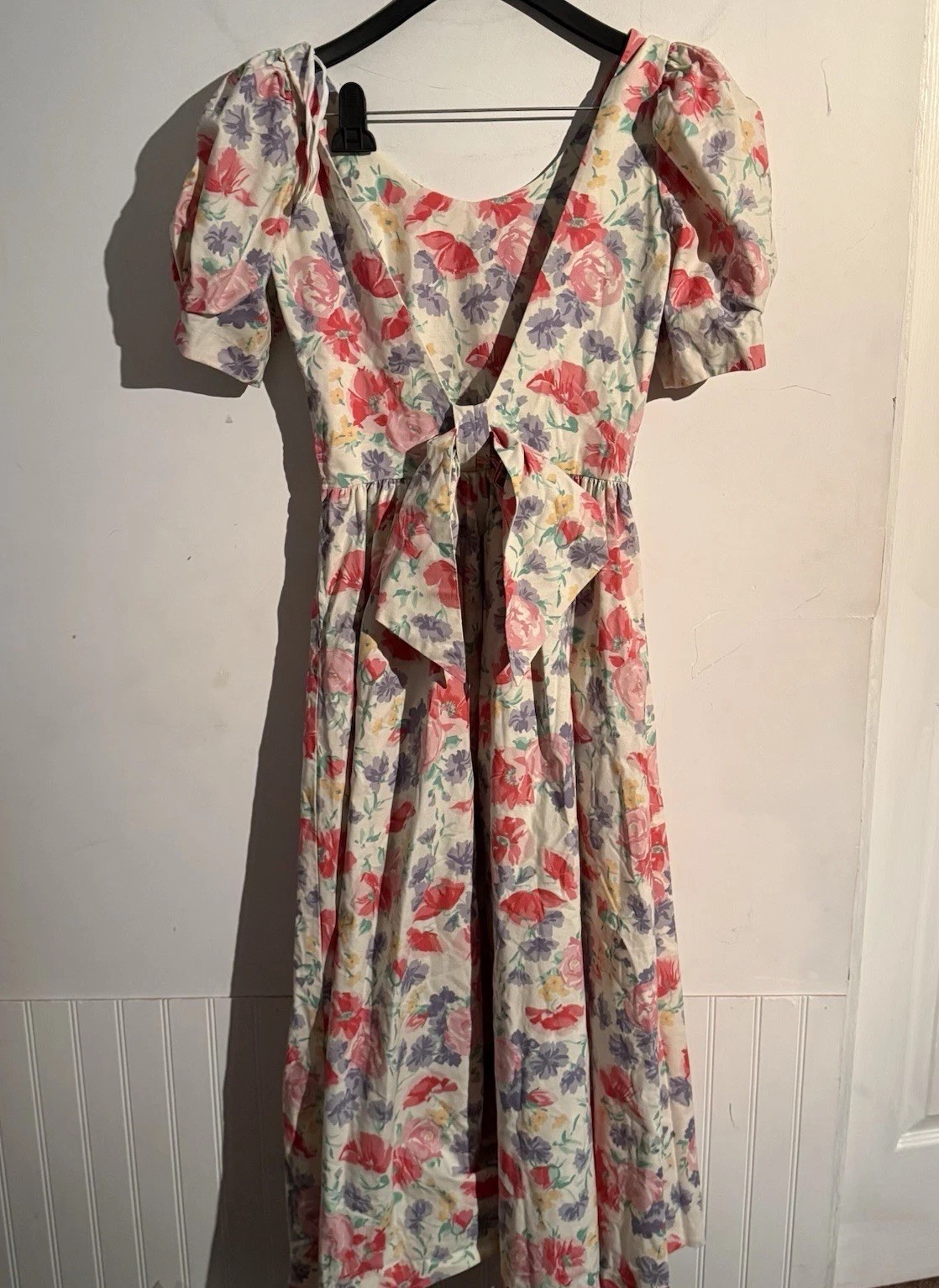 Vintage 1980s Laura Ashley 8 Floral Puff Sleeve Cotton Midi Dress Cottagecore