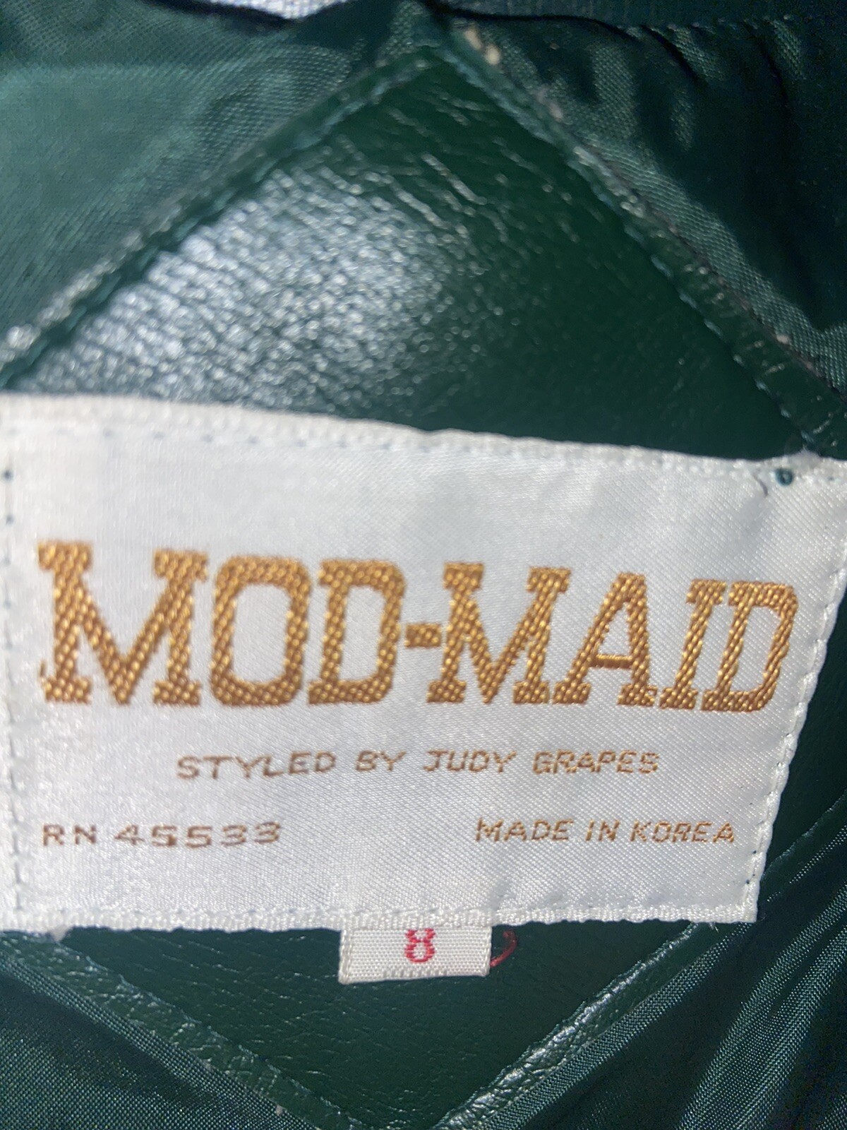 Mod Maid Vintage Pleather Green Long Belted Jacket Coat RARE Womens Size 8