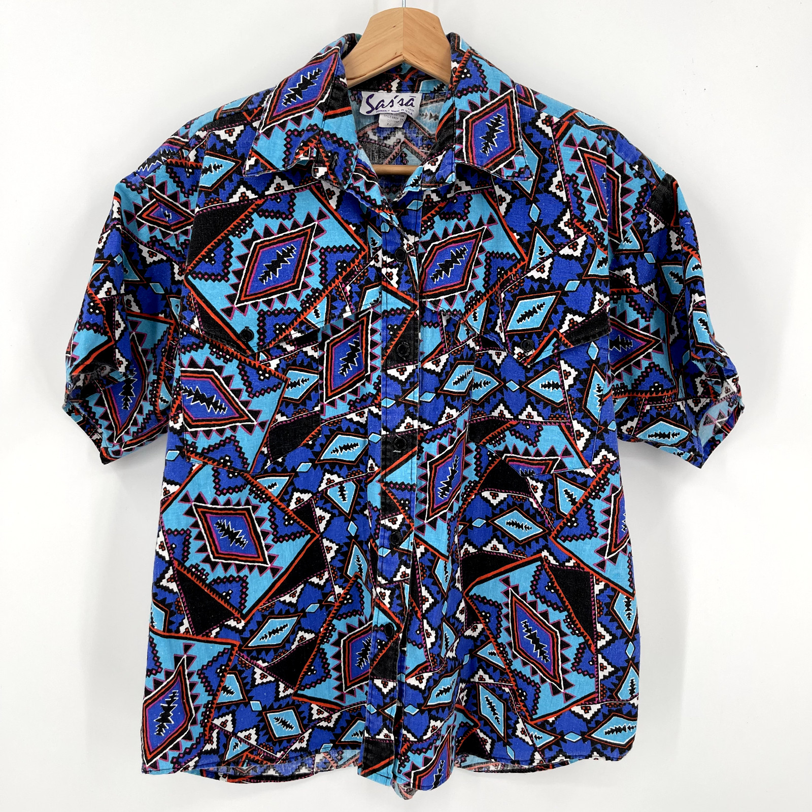 Vintage 80s Sas’sa Western Aztec Rodeo Short Sleeve Button Up Shirt Womens Sz XL