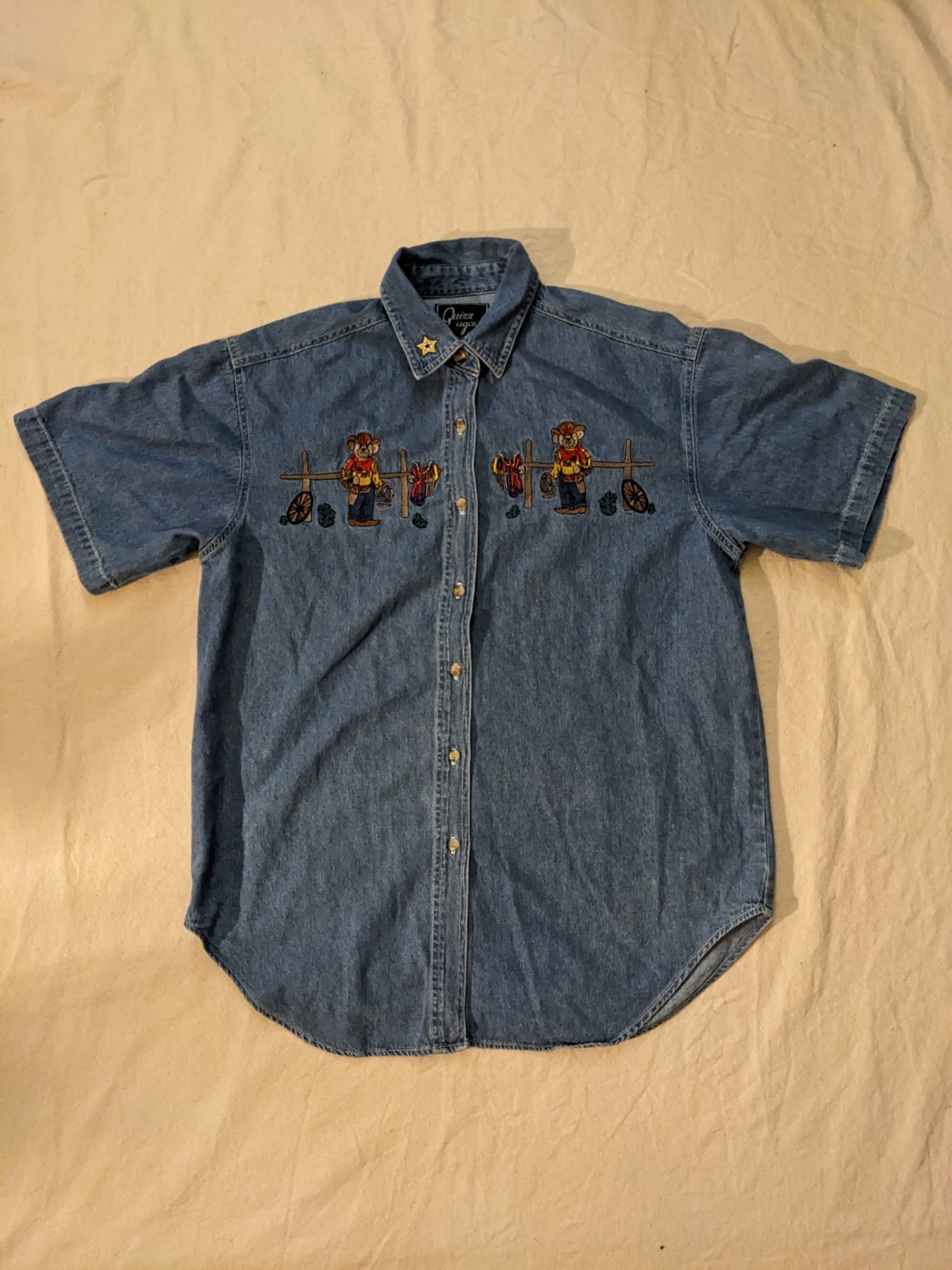 Vintage Let’s Quizz Again Embroidered Button Up Denim Shirt Cowboy Teddy Bears M