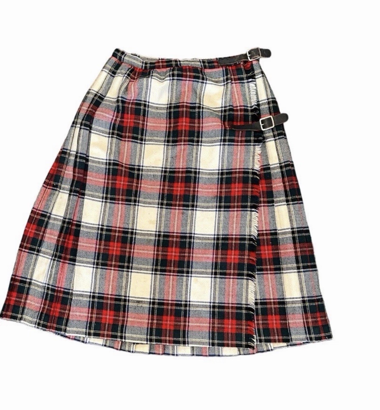 Vtg 60s 70s Pure Wool Wrap Kilt Skirt Grunge Tartan Plaid Fringed Mosbrook 26”