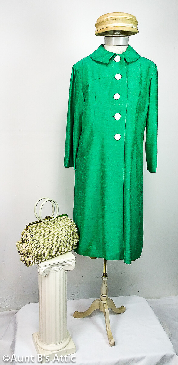 Vintage 60’s Spring Handmade Matching Gr Sleeveless Dress & 5 Button Coat M/L