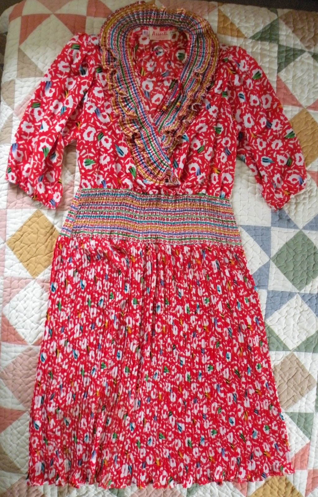 1980s Vintage Red Multi Color Flouncy Dress by Assorti for Susan Freis, Size L