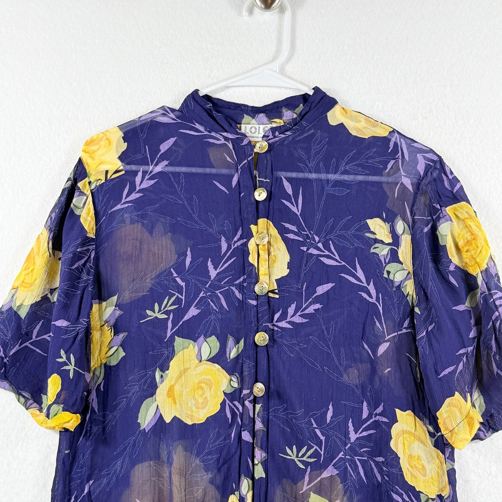Lolette Maxi Dress Womens Large Purple Yellow Rose Floral Sheer Vtg Cottagecore