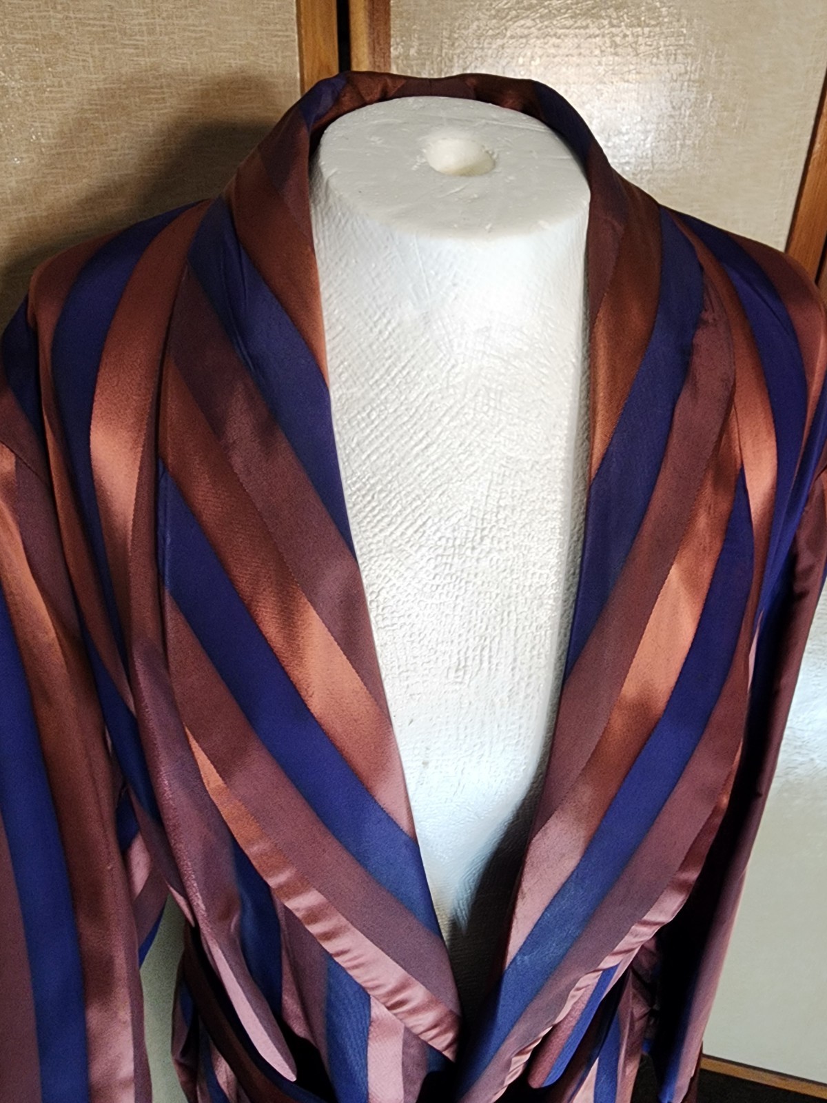 Royal Lounger Smoking Jacket 40s Maroon Blue Stripes Satiny Dressing Gown Deco