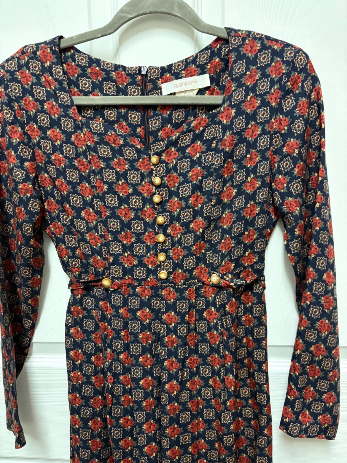 vtg 90s Ellen Ashley Dress size S black floral print Midi sweetheart neckline EC