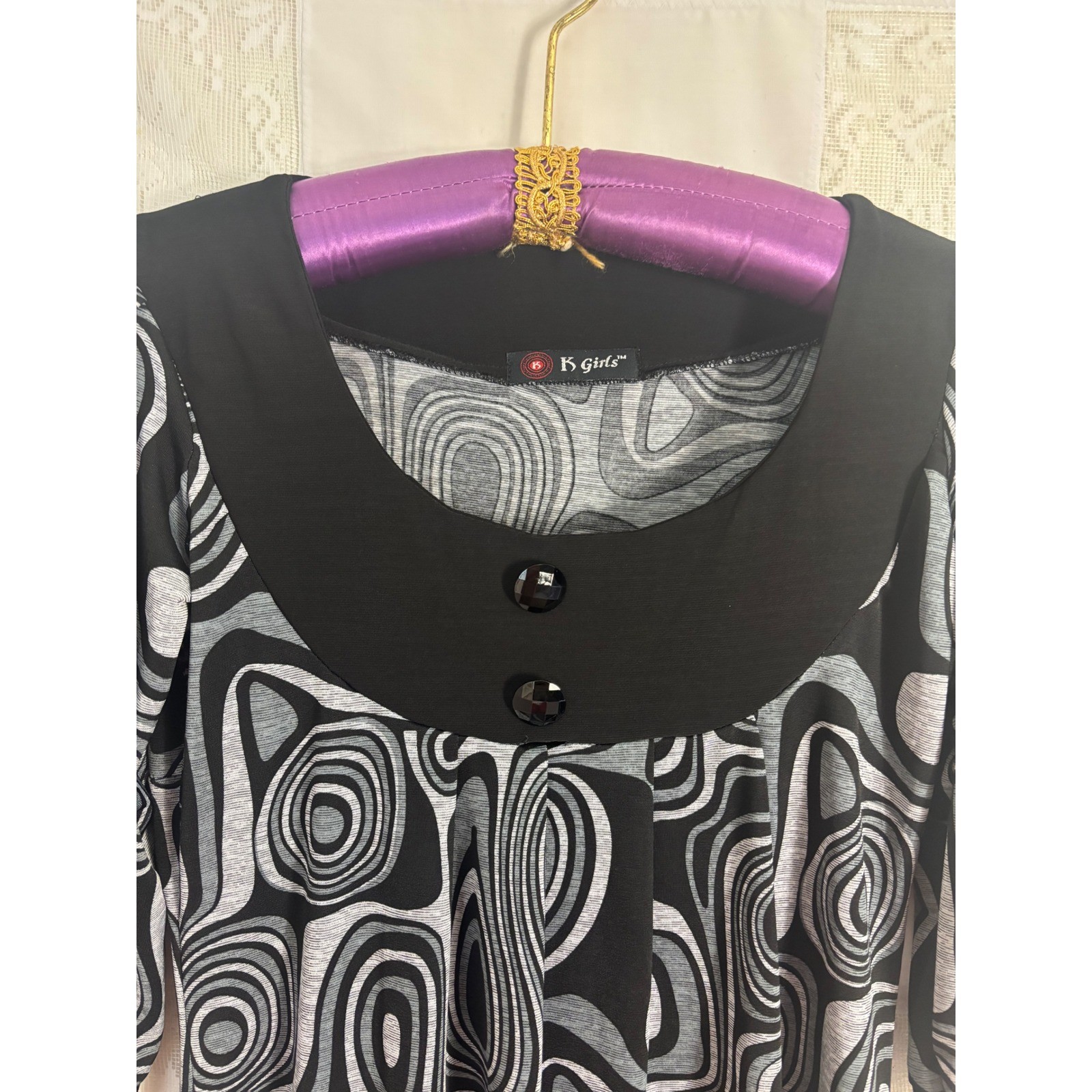 VTG Y2K 60’s/70’s Mod Black+Gray Artsy Retro 3/4 Sleeve Mini Dress Size S-M
