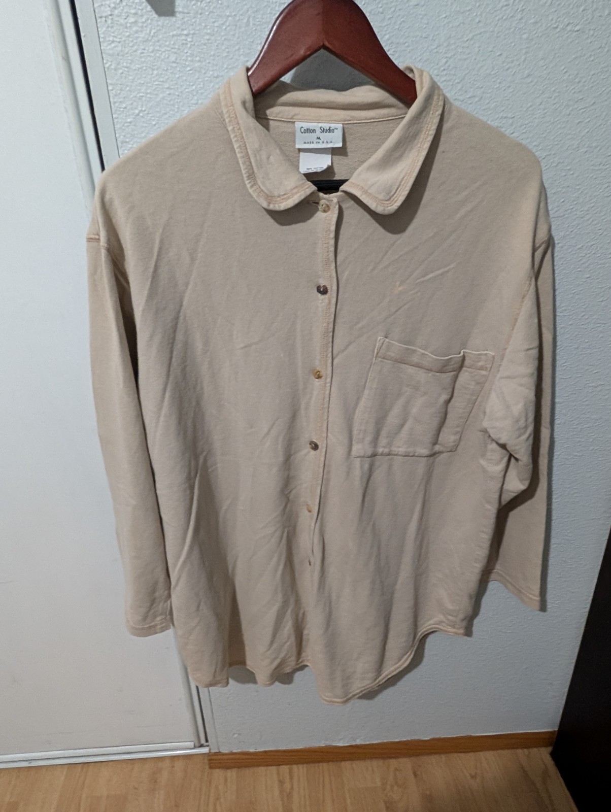 Vintage Cotton Studio Beige Button Shirt USA Made Wom. Sz. M DISCOLORATION SPOTS