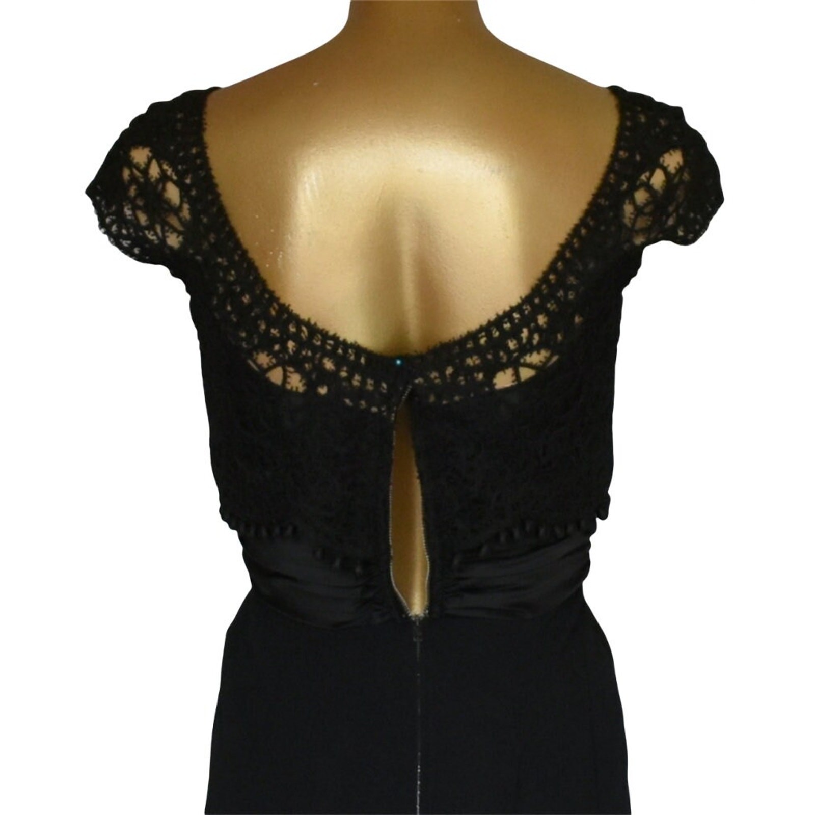 Vintage 50s Carlye Cocktail Dress, Black Lace Rayon Crepe Wiggle Dress, XXS 2XS