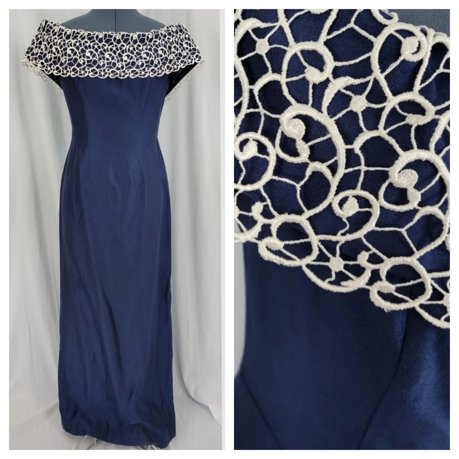 Vtg House of Bianchi Navy Blue Dress w Off the Shoulder White Lace Detail Sz 10
