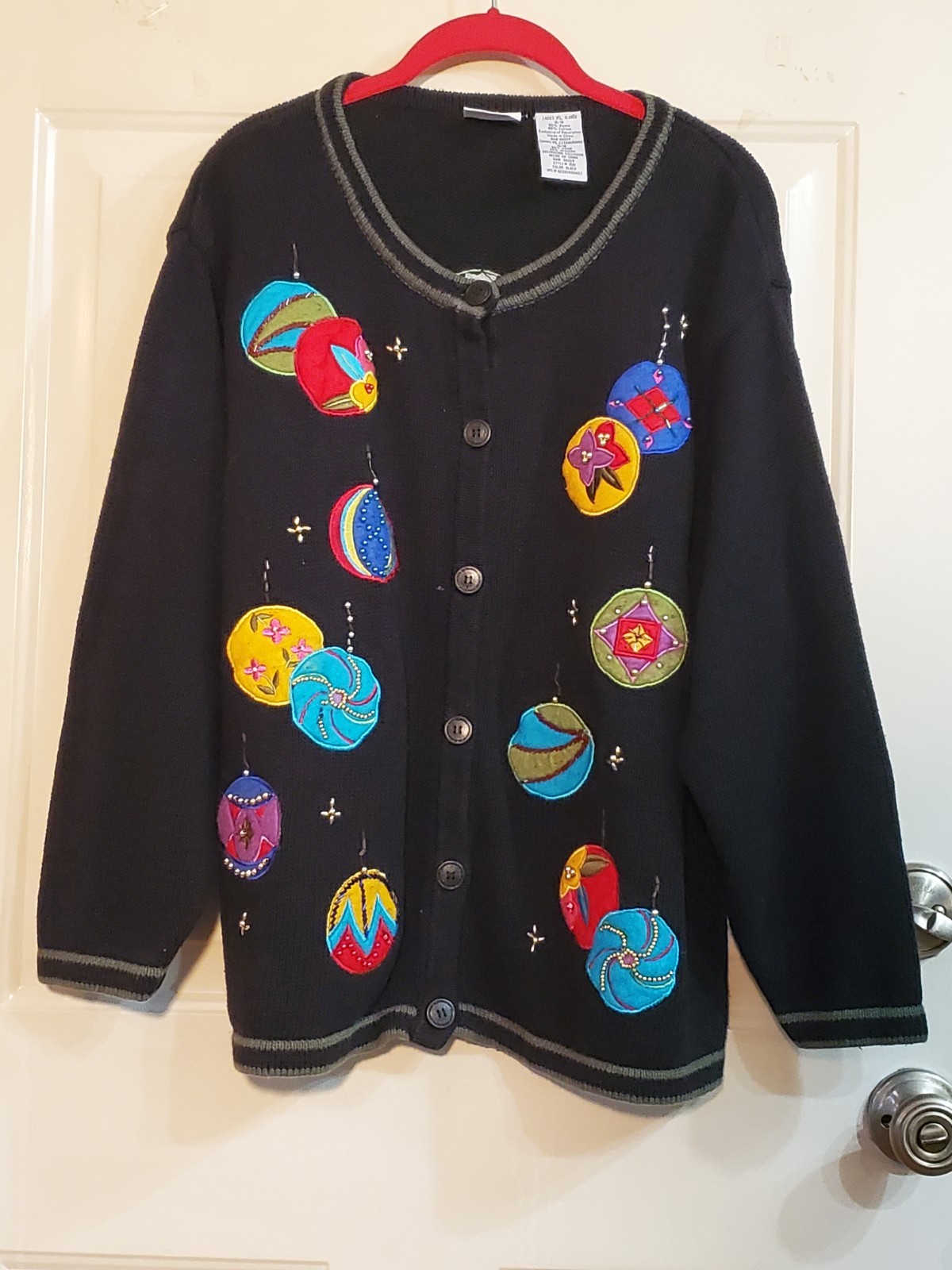 VTG Ugly Bobbie Brooks XL Christmas Sweater Cardigan Beaded Felt Ornaments Black