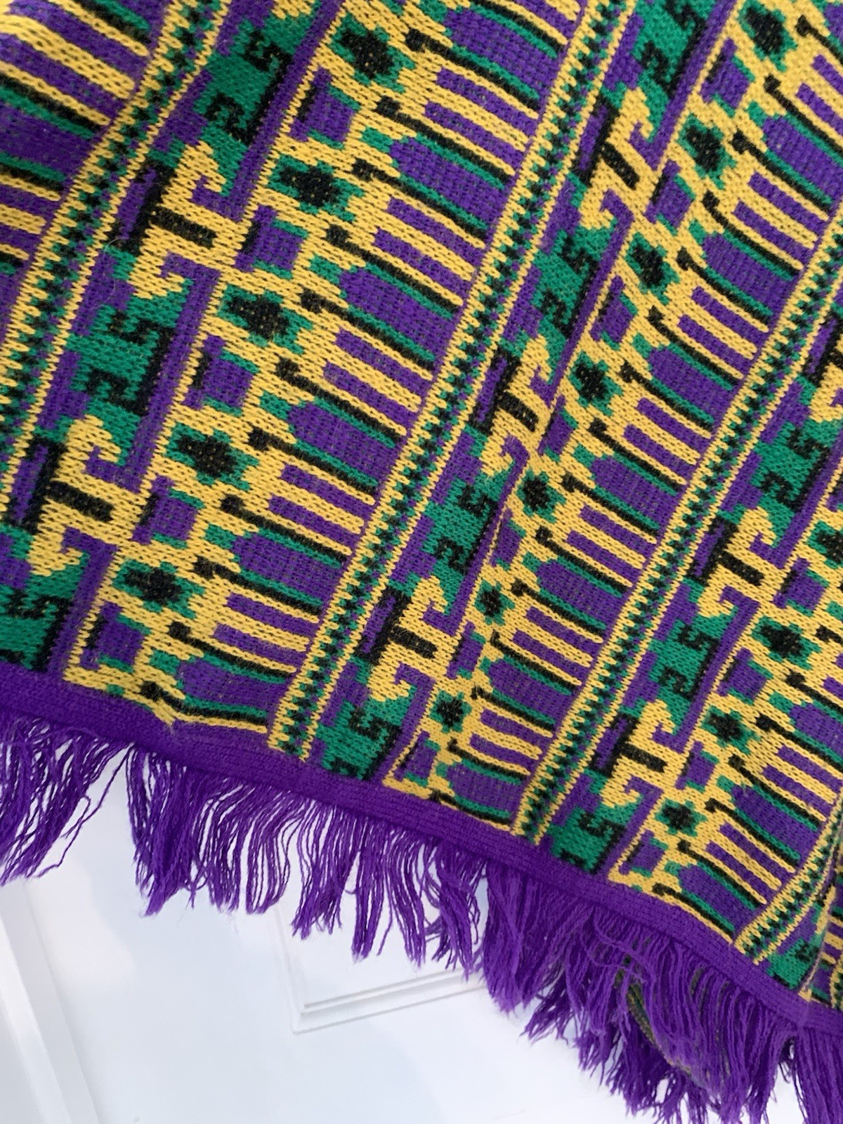 Vintage Poncho AOP Purple, Mustard, Green & Black W/ Fringe