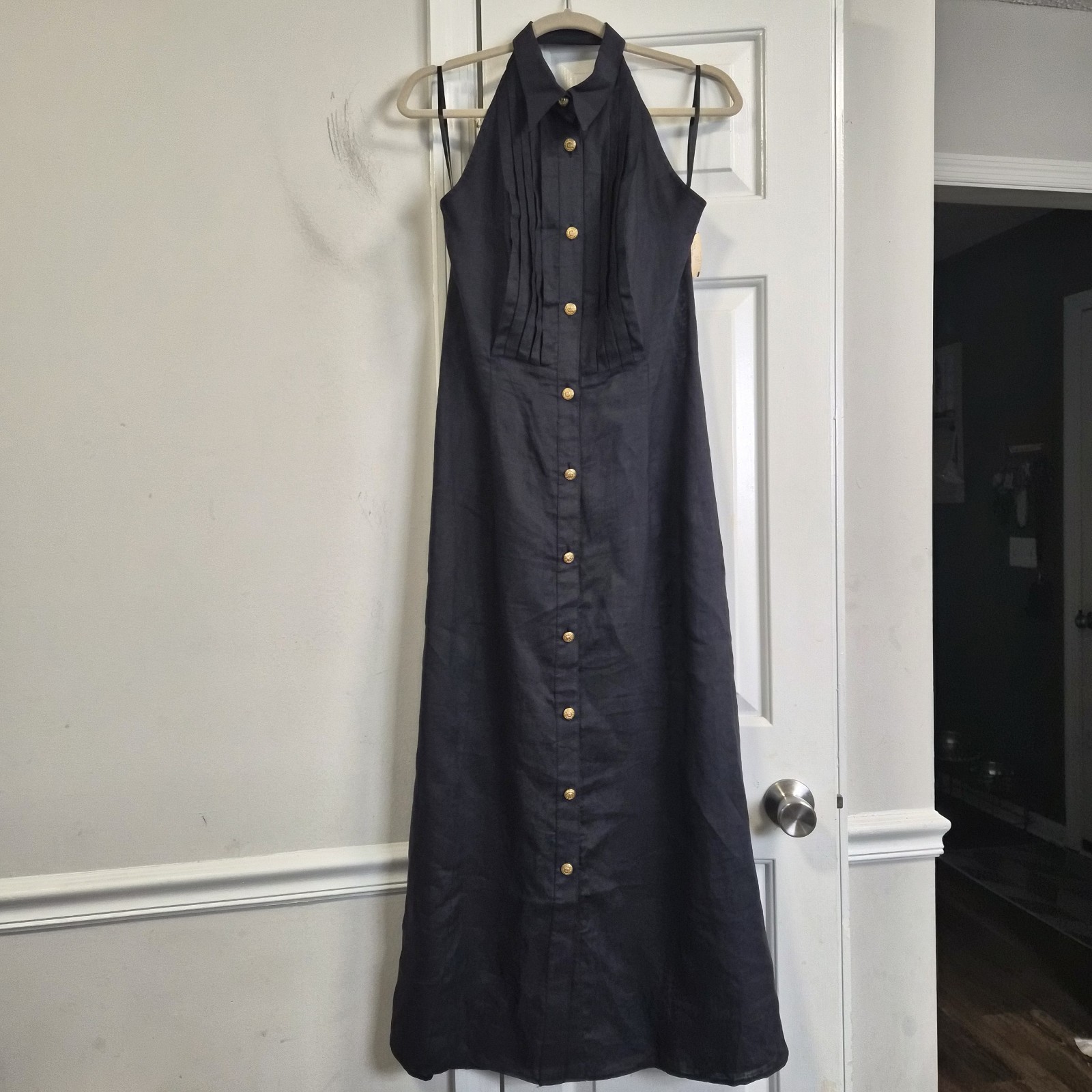 VTG Hulter Tuxedo Linen Dress 8 Navy Pintuck Gold Button 90’s Old money Minimal