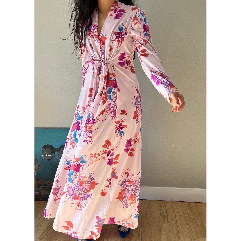 Vintage 70s Pink Caftan Maxi Dress Floral Hawaiian Lounge Boho One Size