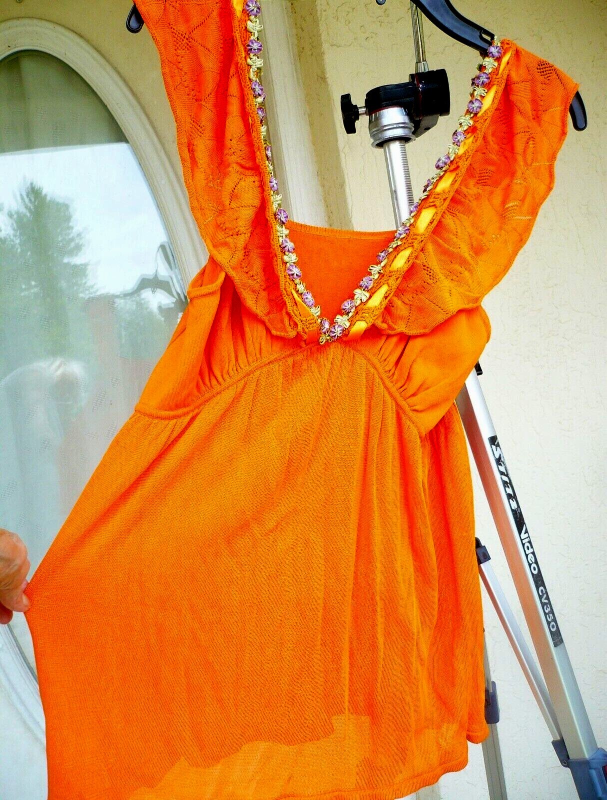 VTG KNIT NET EMPIRE WAIST PLUNGE S M 3D FLOWER FLORAL STRETCH BLOUSE ORANGE LADY