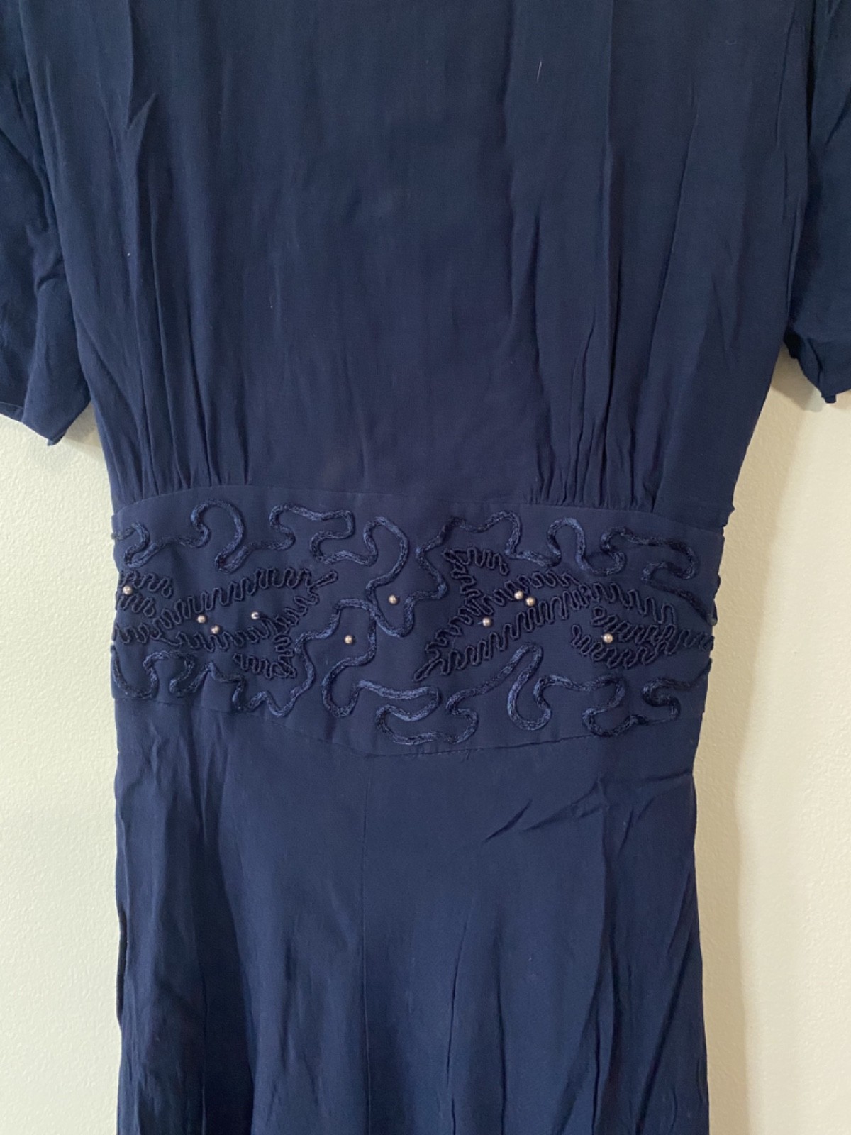 Vintage 1940s Style 80s Navy Dress, Women’s Medium Rayon Tie Back with Beading
